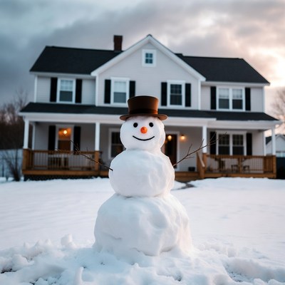 Snowman in front of house
