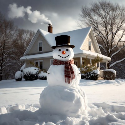 Snowman near cozy winter house