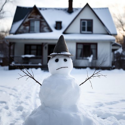 Snowman with hat in winter yard