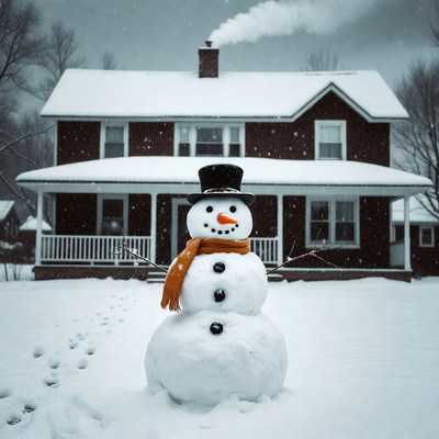 Snowman in front of cozy home