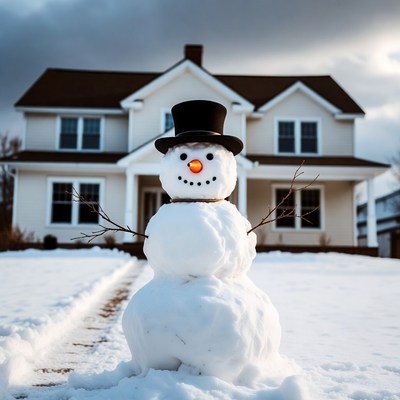 Snowman in front of house