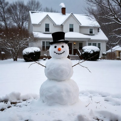 Happy snowman in winter yard