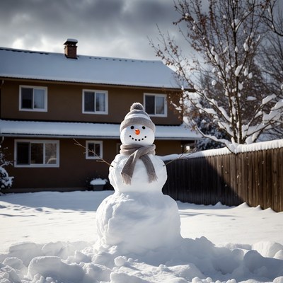 Snowman in winter yard scene