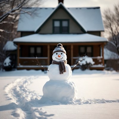 Snowman in winter yard near house