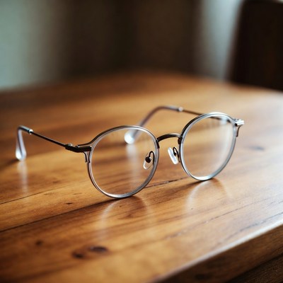 Stylish round glasses on wooden table