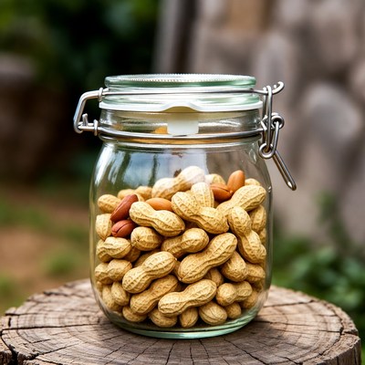 Peanuts in glass jar outdoors