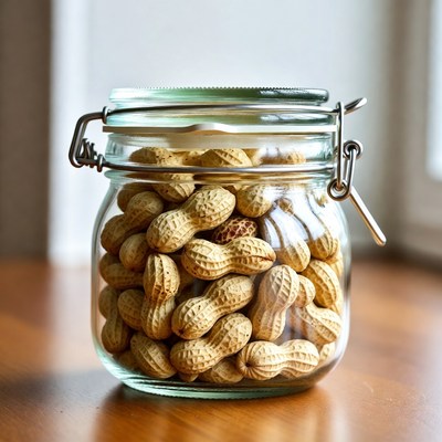 Glass jar filled with peanuts