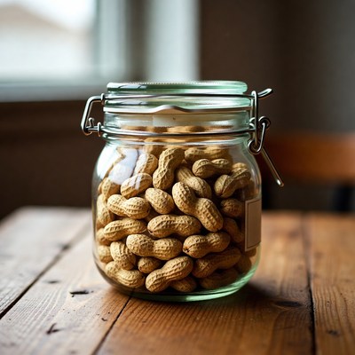 Peanuts in glass jar on table