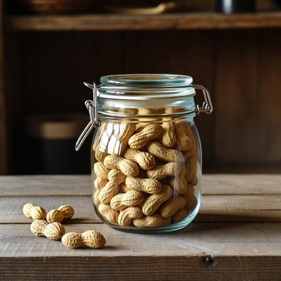 Glass jar filled with peanuts