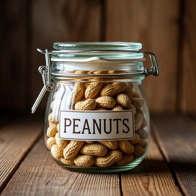 Glass jar filled with peanuts on wooden table