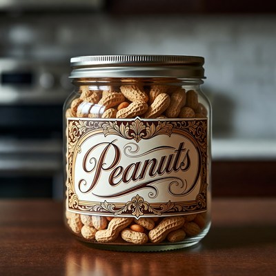 Jar of peanuts on wooden table