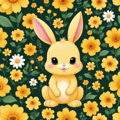 Cute yellow bunny in flower field