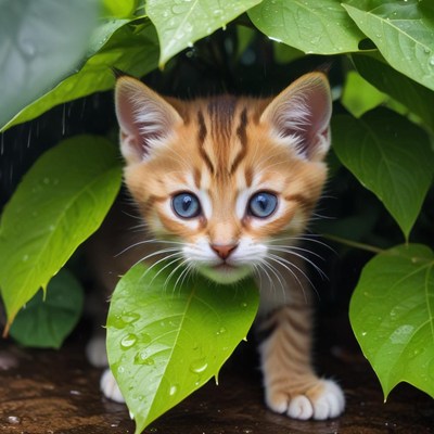 Curious kitten exploring green leaves