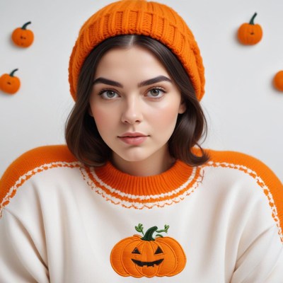 Woman in orange sweater with autumn theme