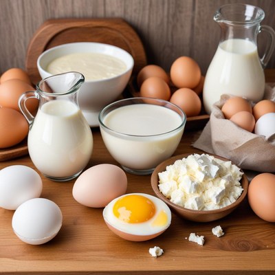 Variety of dairy and eggs on wooden table