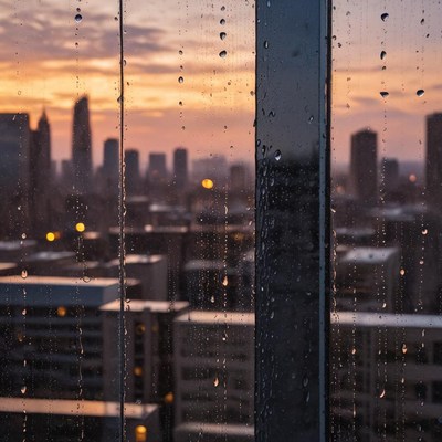 Sunset view through rainy window
