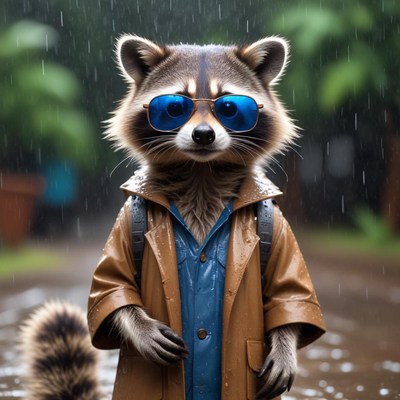 Raccoon with sunglasses in the rain