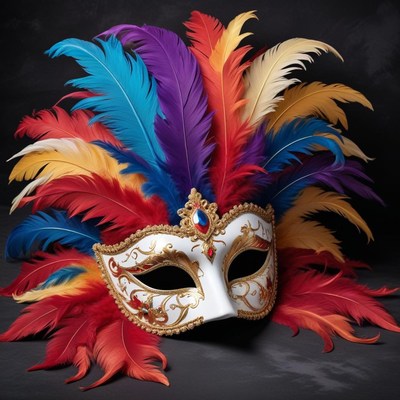 Colorful feathered masquerade mask display