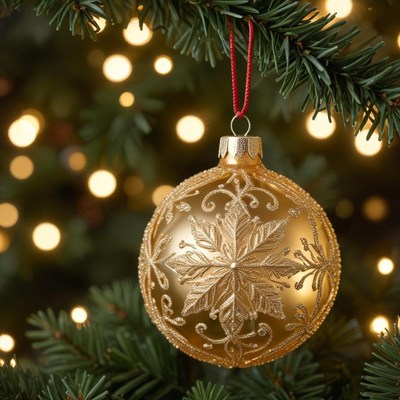 Golden ornament on christmas tree