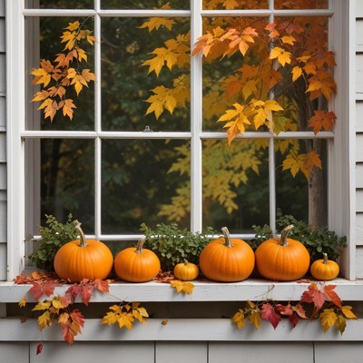 Colorful autumn pumpkins by a window