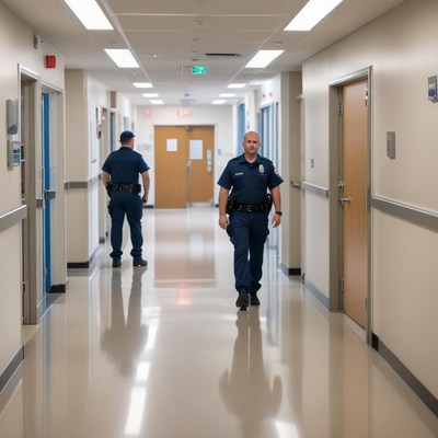Police officers patrolling hospital hallway