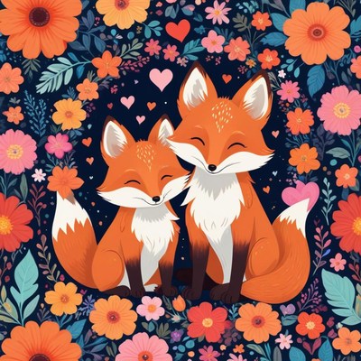 Two happy foxes surrounded by flowers