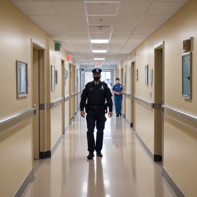 Police patrols hospital corridor during night