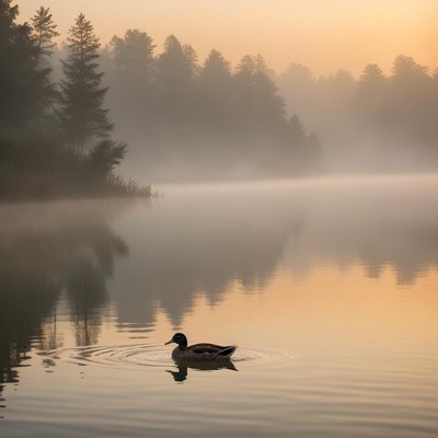 Duck swimming in misty lake