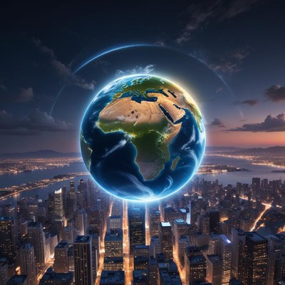 Planet earth above city skyline at dusk