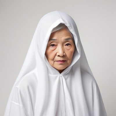 Elderly woman wearing white hood