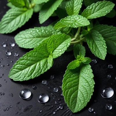 Fresh mint leaves with water droplets