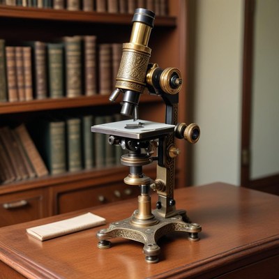 Vintage microscope on a wooden table