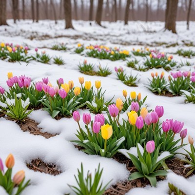 Colorful tulips blooming in snow