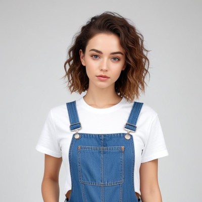 Young adult in denim overalls posing