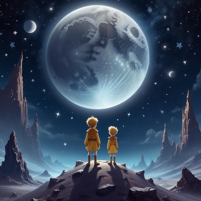 Children gazing at a large moon