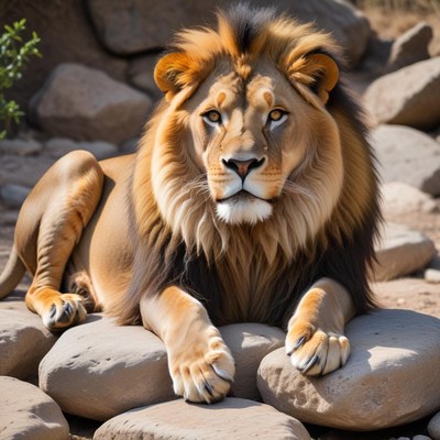 Majestic lion resting on rocks