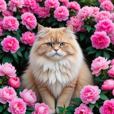 Cat surrounded by pink peonies