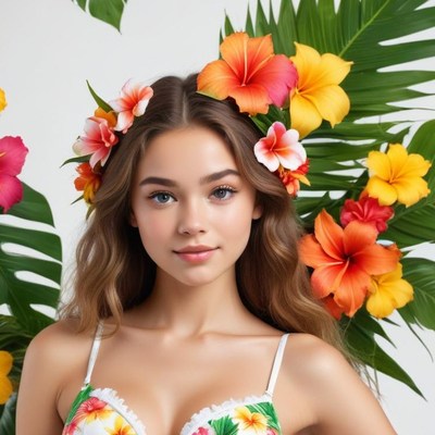 Portrait of a girl with tropical flowers