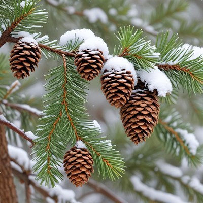 Winter pinecones on snowy branch