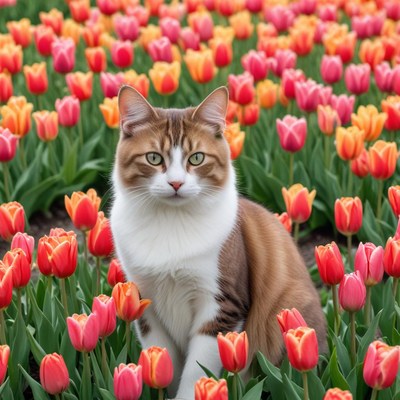 Cat among colorful tulips in spring blooms
