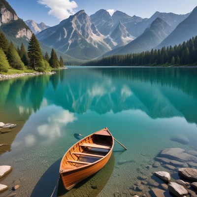 Tranquil boat on mountain lake