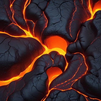 Lava flow with glowing cracks at night