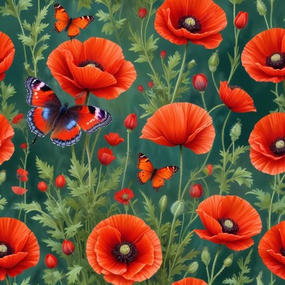 Vibrant butterflies among red poppies