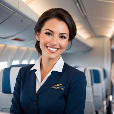 Flight attendant smiling in cabin