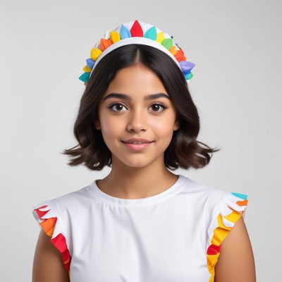 Girl wearing colorful headband and dress