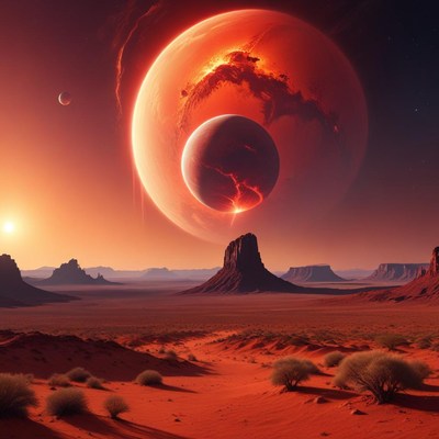 Red planetary landscape at dusk
