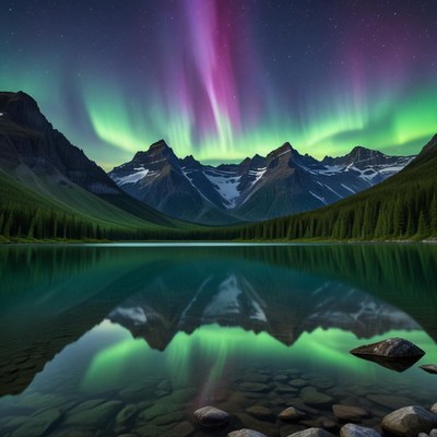 Majestic auroras over mountain lake
