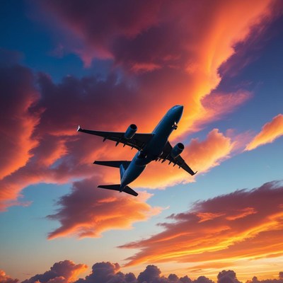 Airplane flying at sunset sky