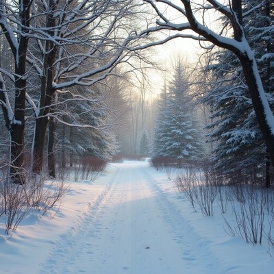 Winter pathway through snowy trees