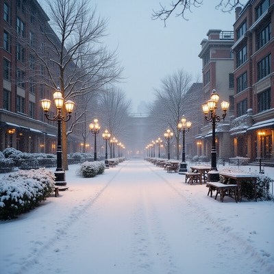 Snow-covered walkway in winter evening